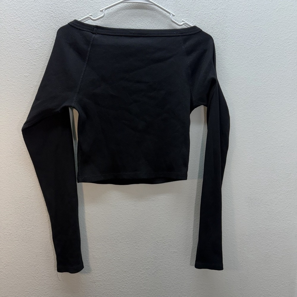 Free People Movement Boat Neck Long Sleeve Top Sz‎ S Black Ribbed Crop Top